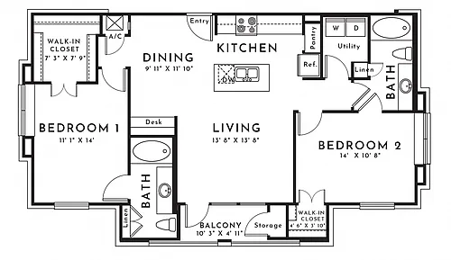 Floor plan 2BR 2BA (1084 SF)