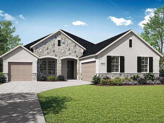 A well-designed two-story house with a stone and siding exterior, a black roof, and a paved driveway