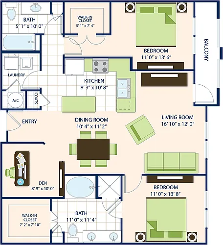 Floor plan Two Bedroom Two Bath with Den (1321 SF)