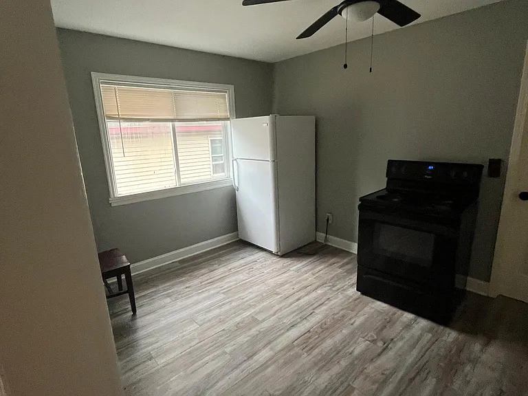 decent sized eat-in kitchen;
ceiling fan; 
vinyl plank flooring;
electric stove/oven