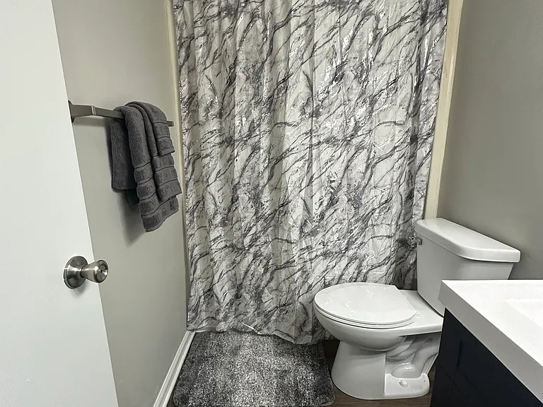 807 Full bath all updated with plank floor, sink / vanity, mirror, lighting, and toilet located off the entry.