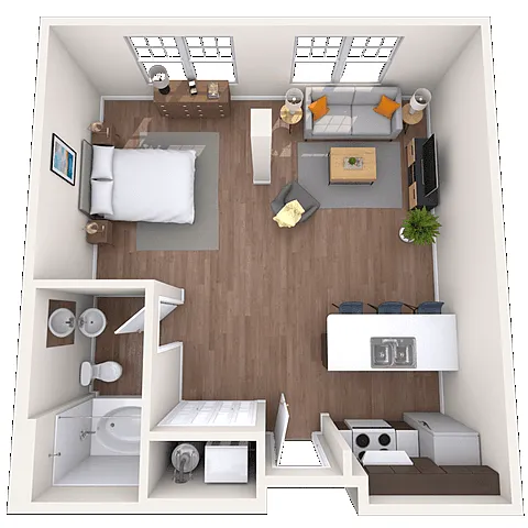 Floor plan Studio 0x1 580-633 SF