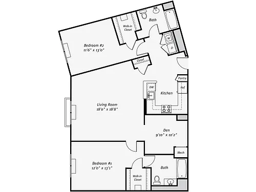 Floor plan B6 South FR 2 Bedroom|2 Bath/Den