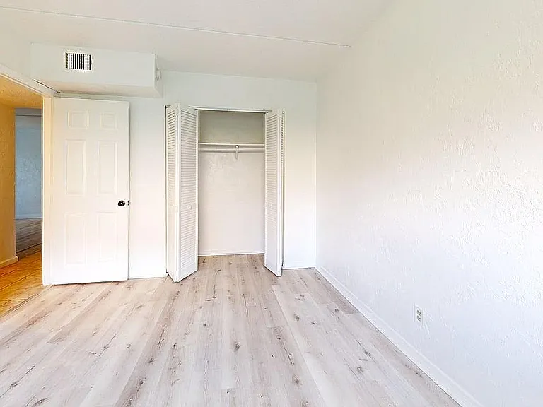 Bright and airy bedroom with light wood flooring, crisp white walls, and ample closet space, offering a fresh canvas for personalized decor.