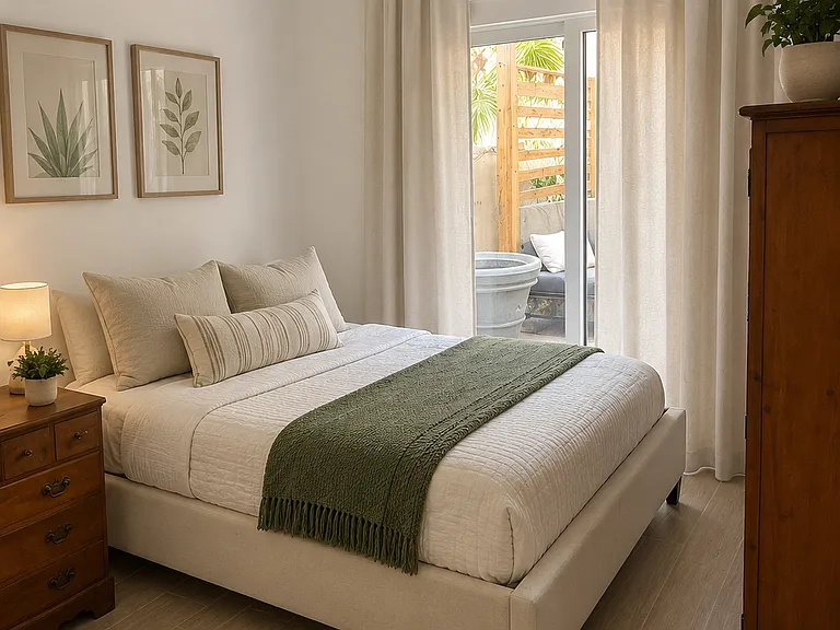 1st floor bedroom is adjacent to full bath. Sliding glass door brightens room with soft ambient daylight. Perfect for letting your pet in and out for back patio visit.