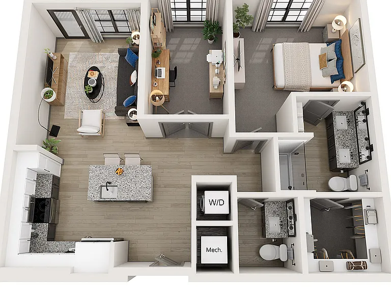 Explore this elegant urban layout, complete with a cozy bedroom and chic open-concept living space. This unique floorplan features a flexible den space and half bath. Perfect for office space, content creation room, or even guest room space. Explore this 