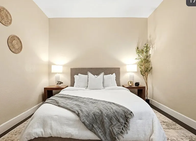 Currently staged, master bedroom.