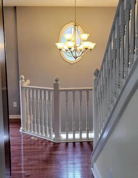 A colorful hallway defines the kitchen and living room, creating distinct areas within the home.