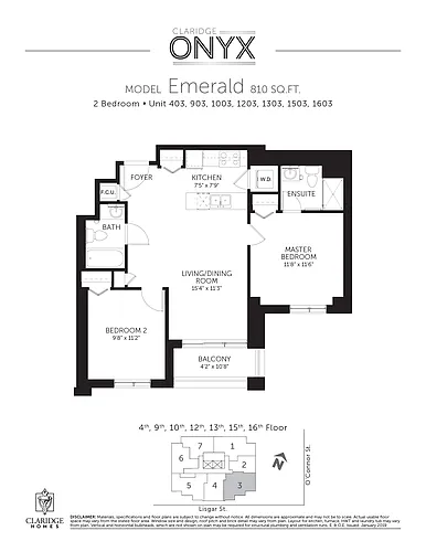 Floor plan Emerald; 2 beds, 2 baths