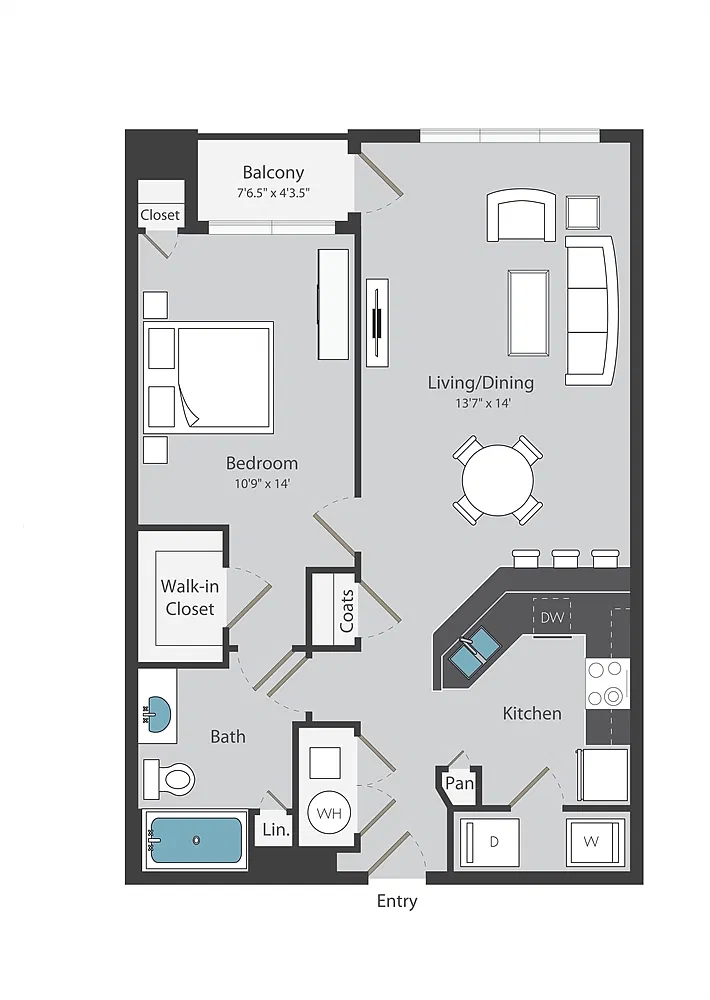 Floor plan 1 Bed/ 1 Bath (779 sqft)