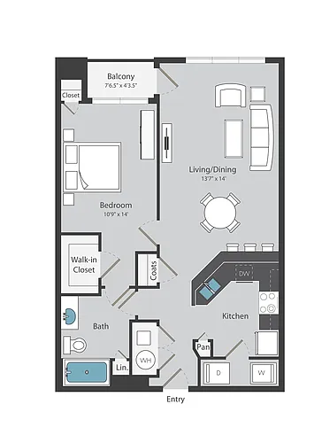 Floor plan 1 Bed/ 1 Bath (779 sqft)