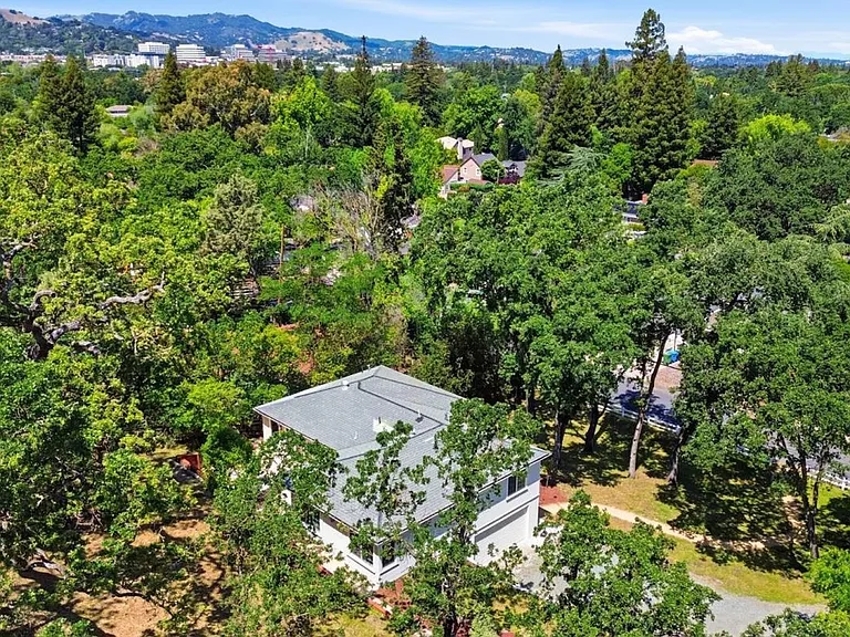Elevated aerial perspective of the property and surrounding greenery