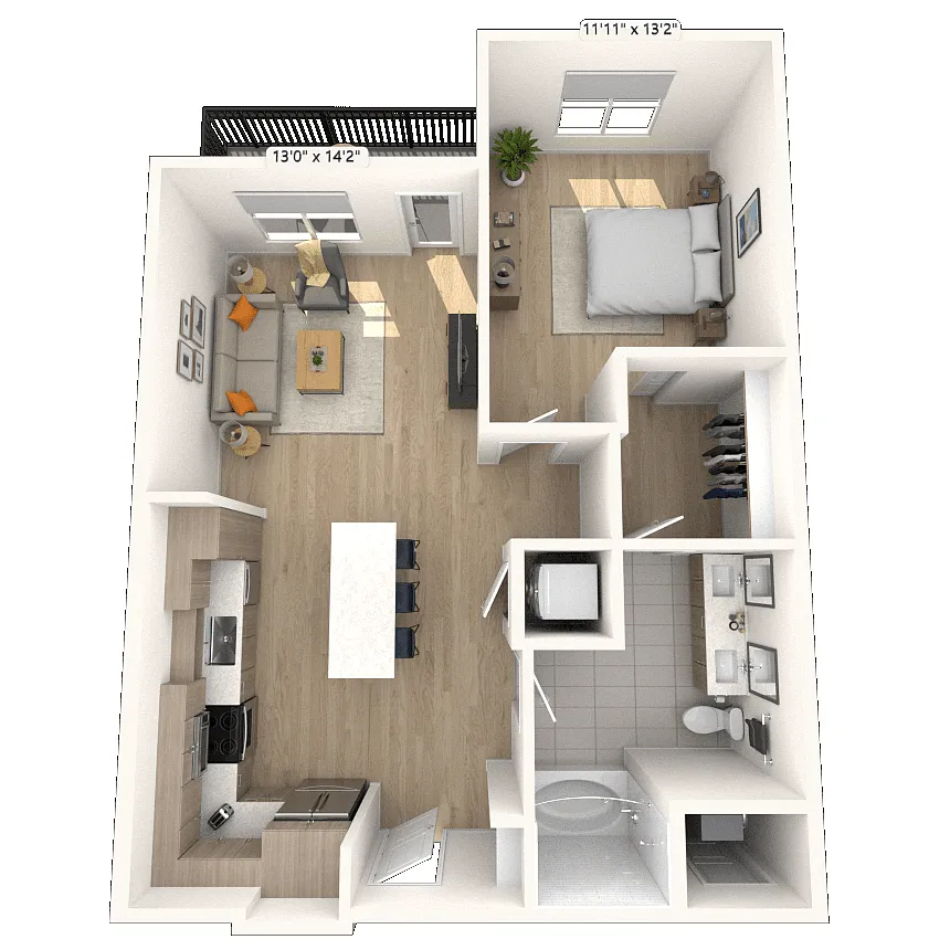 Floor plan A3 1x1 744 SF