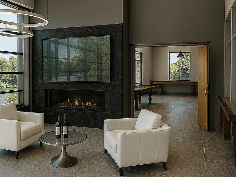 Artist rendering of the interior of the Community Center with fireplace, flat screen TV, gathering areas, and view overlooking the Erie Canal
