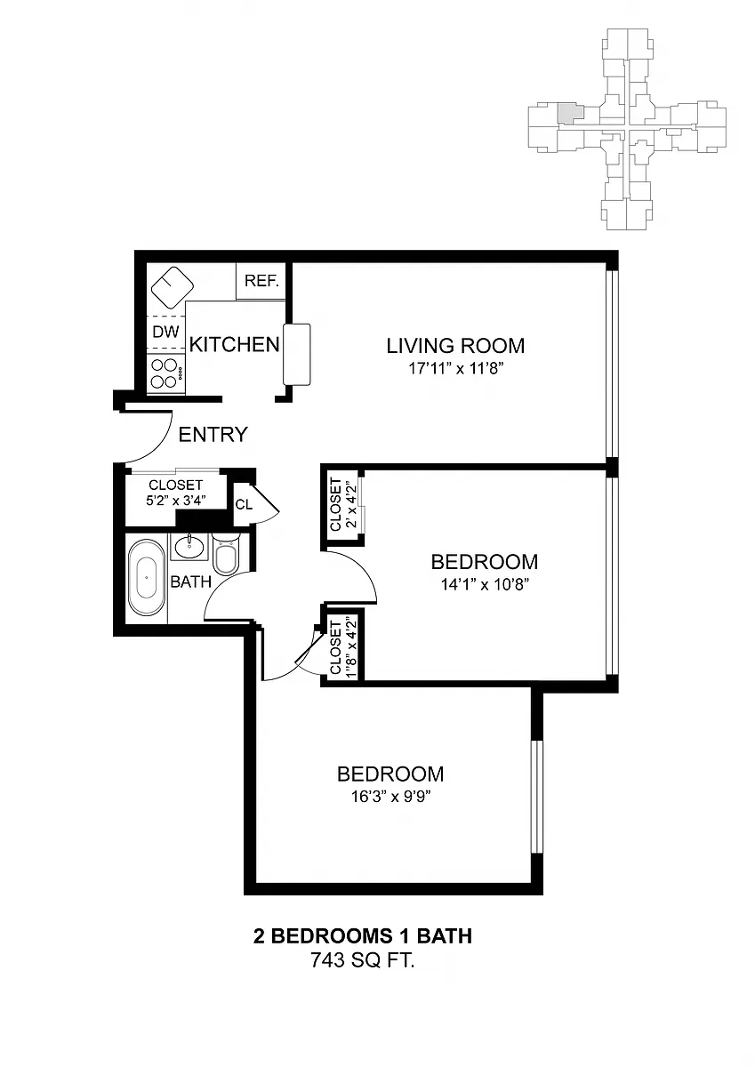Floor plan 2 Bdrm 743 Sq Ft