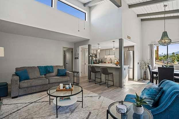 Living area with high ceilings