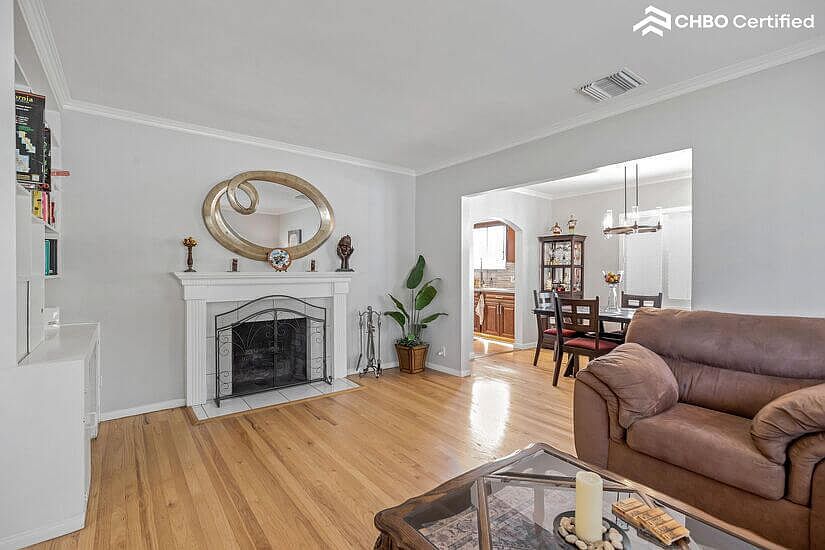 Living room with wood burning fireplace