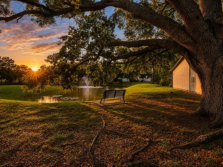 Serene park setting with a majestic oak tree, tranquil pond, and a picturesque sunset casting a golden hue over a cozy bench.