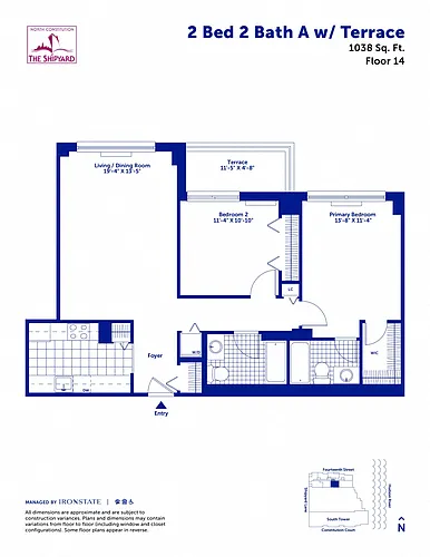 Floor plan 2 Bed 2 Bath A with Terrace