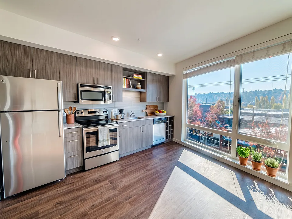 Contemporary kitchen at Vibe Apartments in Seattle, featuring stainless steel appliances and ample natural light from oversized windows.