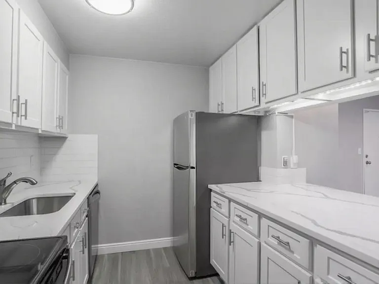 Modern kitchen with sleek white cabinetry, elegant countertops, and stainless steel appliances.