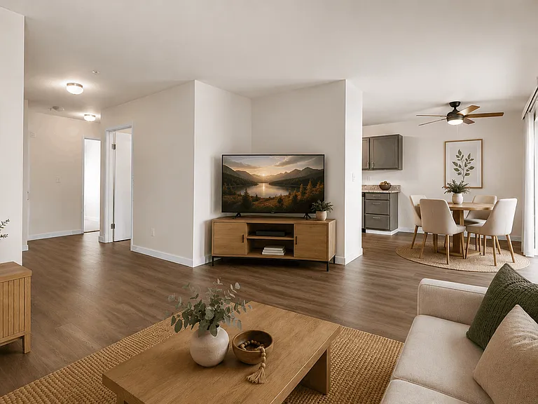 Spacious living and dining area with modern furnishings, a dedicated entertainment space, and room to gather comfortably. Spacious living and dining area with modern furnishings, a dedicated entertainment space, and room to gather comfortably.