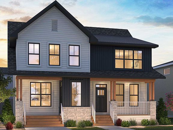 A rendering of the Farmhouse 2 Elevation for Duplex homes by Brookfield Residential in Calgary