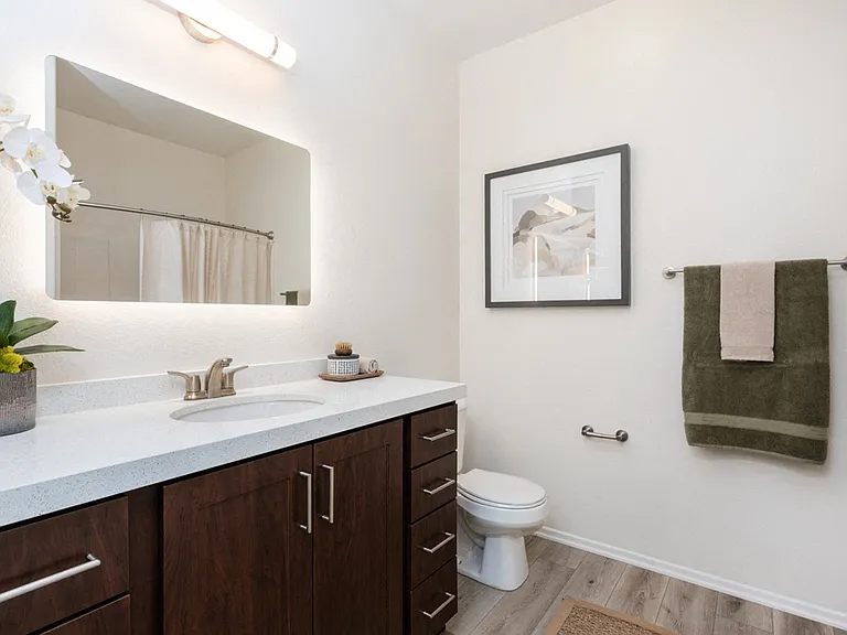 Upgraded Bathroom with Quartz Countertop, Framed Art, and Backlit Mirror