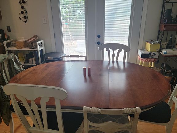 Kitchen area with french doors to the backyard