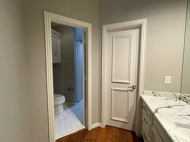 Full bathroom with vanity, dark wood finished floors, and a shower with curtain