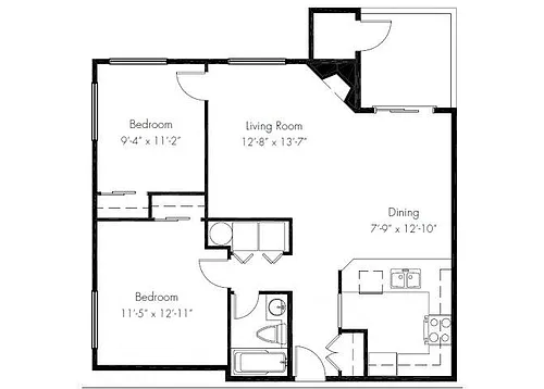 Floor plan Two Bedroom One Bath Medium