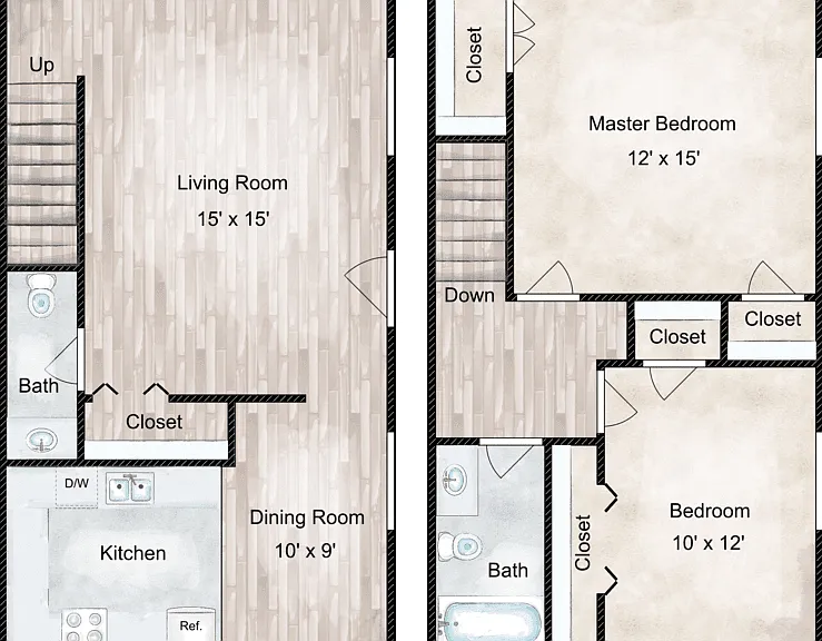 Liberty 2 Bedroom Townhome Floorplan Diagram