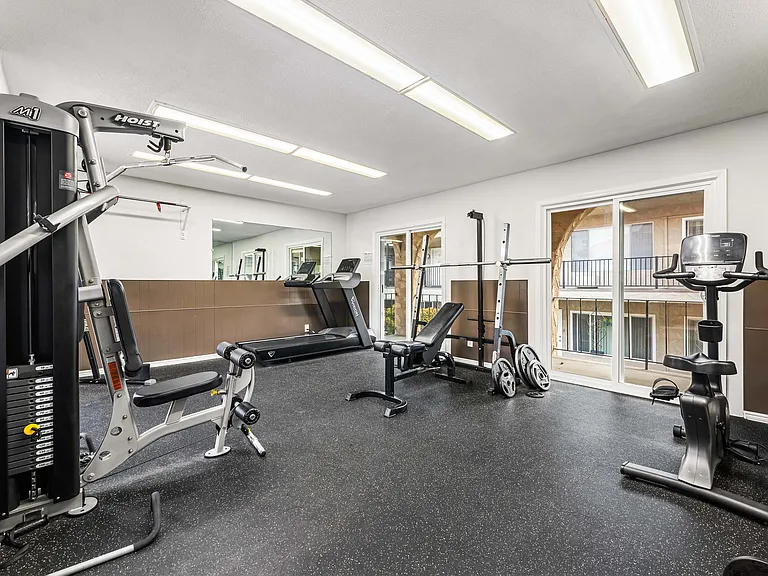 Gym with free weights and nearly new machines