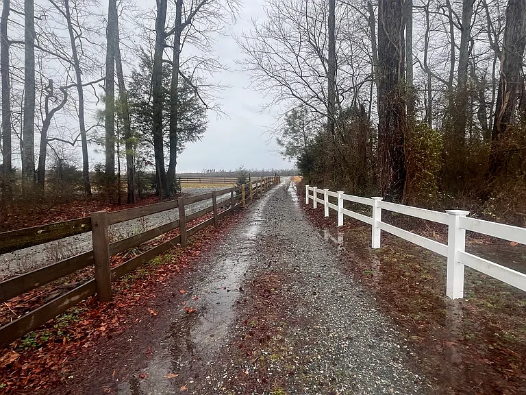 The driveway facing away from the house that crosses a tiny stream.