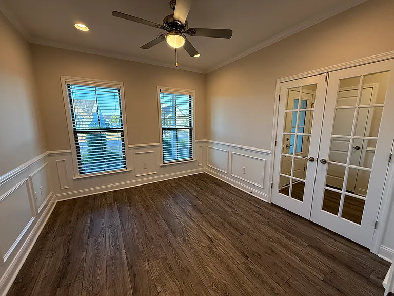 Office or Study with Ceiling Fan, 4 Recessed Lights and Double + Single Glass Doors for Privacy