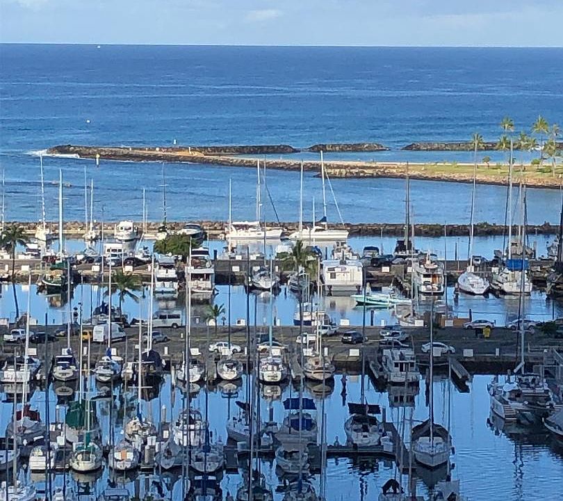 Ala Wai Boat Harbor and Magic Island, Ala Moana Beach Park taken from Unit.