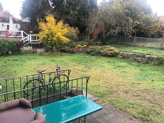 Backyard with plum tree and green apple tree. Ample space for pets and family