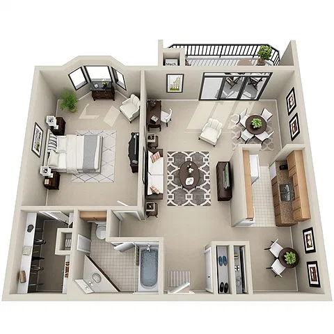 Floor plan 1 Bed 1 Bath (FS 1&2)