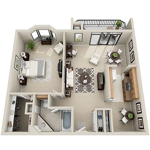 Floor plan 1 Bed 1 Bath (FS 1&2)