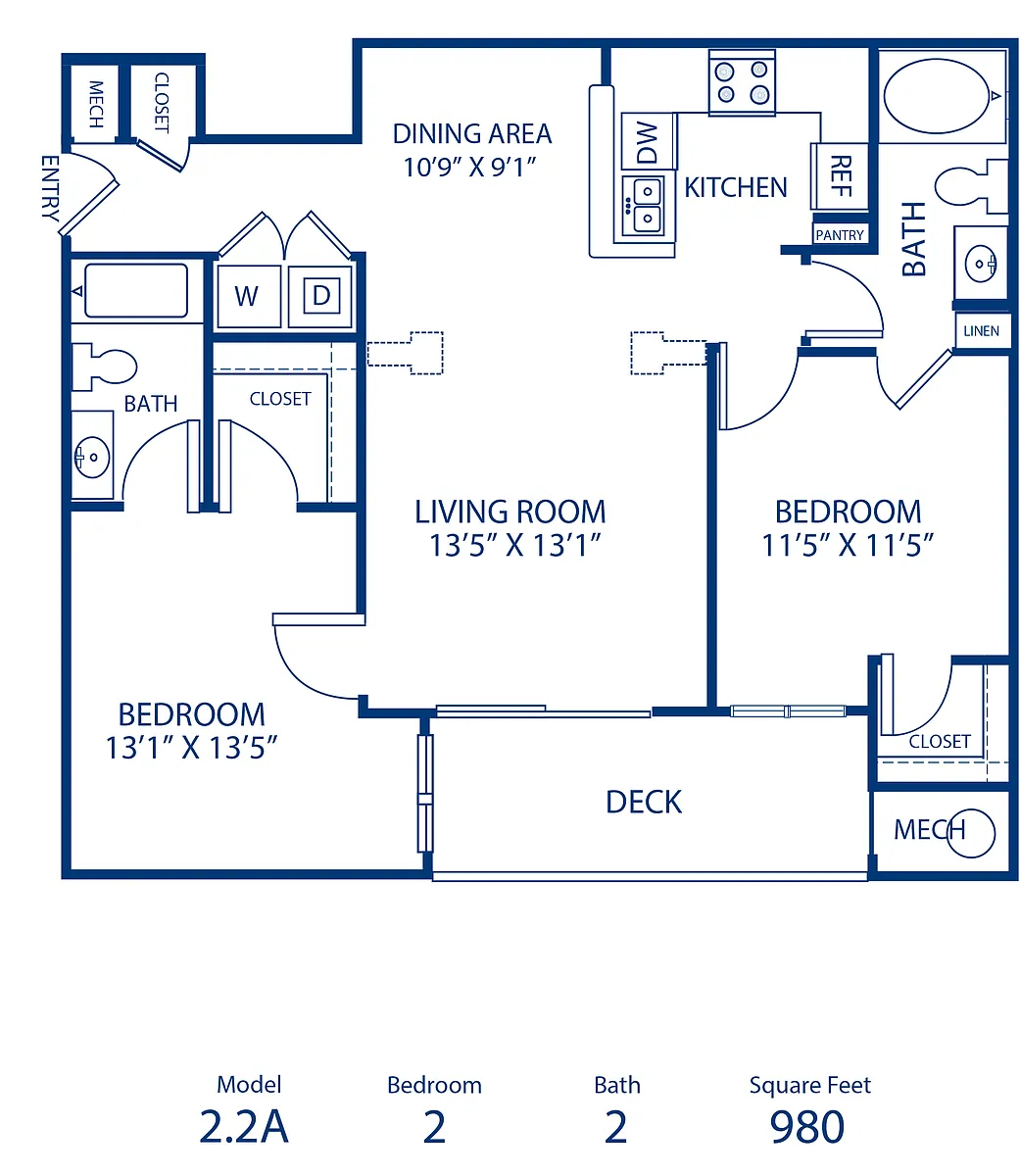 Floor plan 2BR 2BA 980 sqft