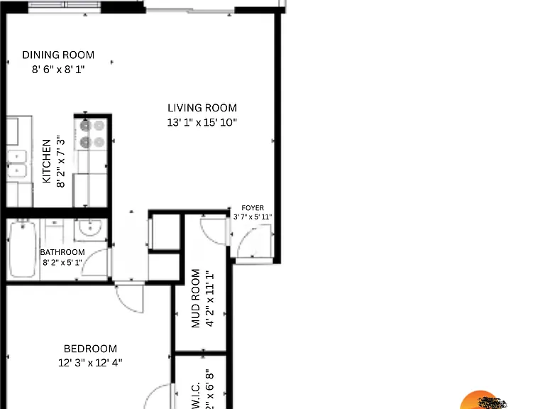 Palisades Apartments 1x1 Deluxe floor plan with 713 sq ft, featuring a spacious living room, dining area, bedroom, kitchen, bathroom, mud room, and balcony. Palisades Apartments 1x1 Deluxe floor plan with 713 sq ft, featuring a spacious living room, dinin