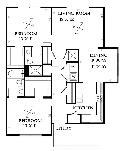 Floor plan 2 Bedroom 1049 SF
