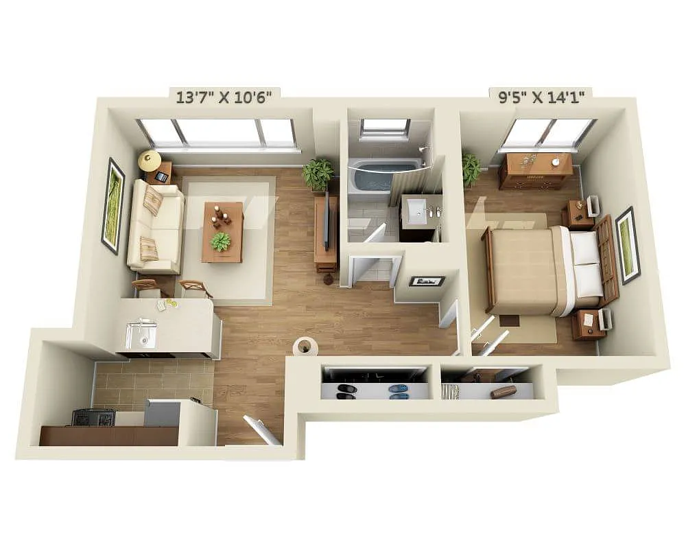 Floor plan One Bedroom A1A-R
