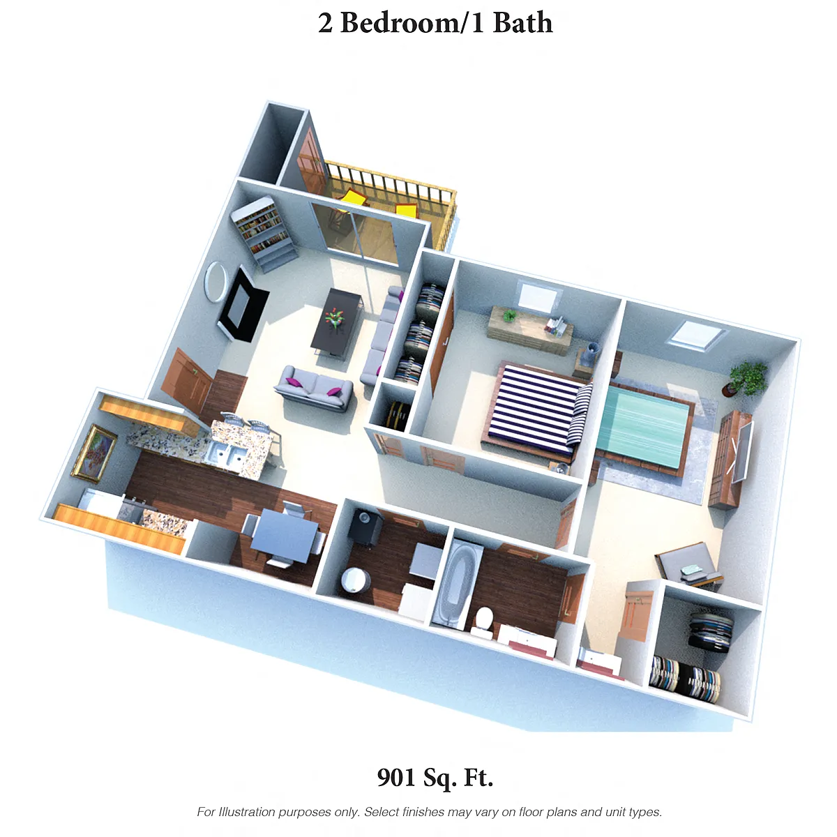 Floor plan The Whippoorwill: Two Bedroom One Bath - 901SqFt -