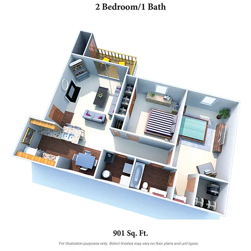 Floor plan The Whippoorwill: Two Bedroom One Bath - 901SqFt -