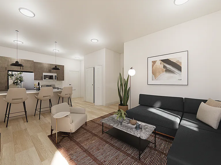2B Kitchen & Living Room View Rendering