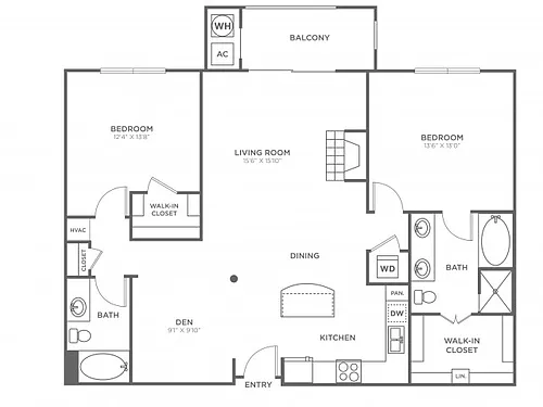 Floor plan 2 Bedroom 2 Bath (1,280 SF)