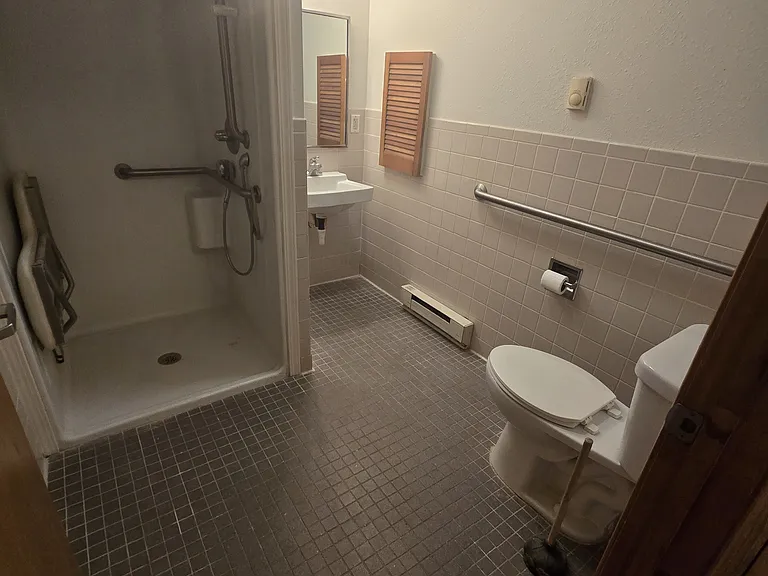 Bathroom shower, toilet and sink