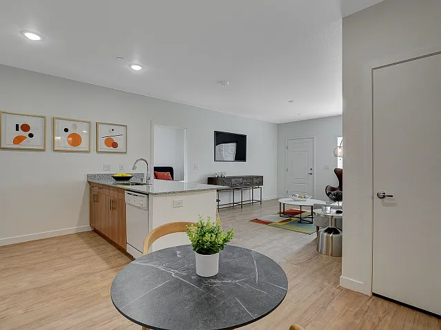 View of living and kitchen area in 2 bedroom model home