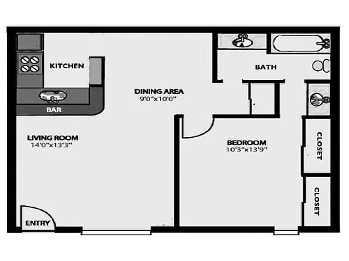 Floor plan 'C-1' - 1Br/1Bath with Wall to Wall Closets